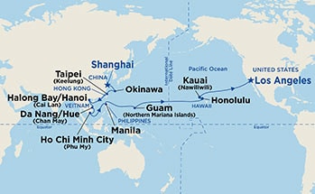 32-Day Southeast Asia, Hawaii & Pacific Crossing Itinerary Map