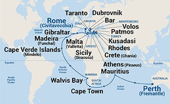 47-Day World Cruise - Perth to Rome Itinerary Map